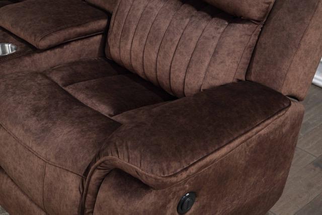 6 piece chocolate sectional with 2 power recliners on the end and 1 manual recliner with a storage console
